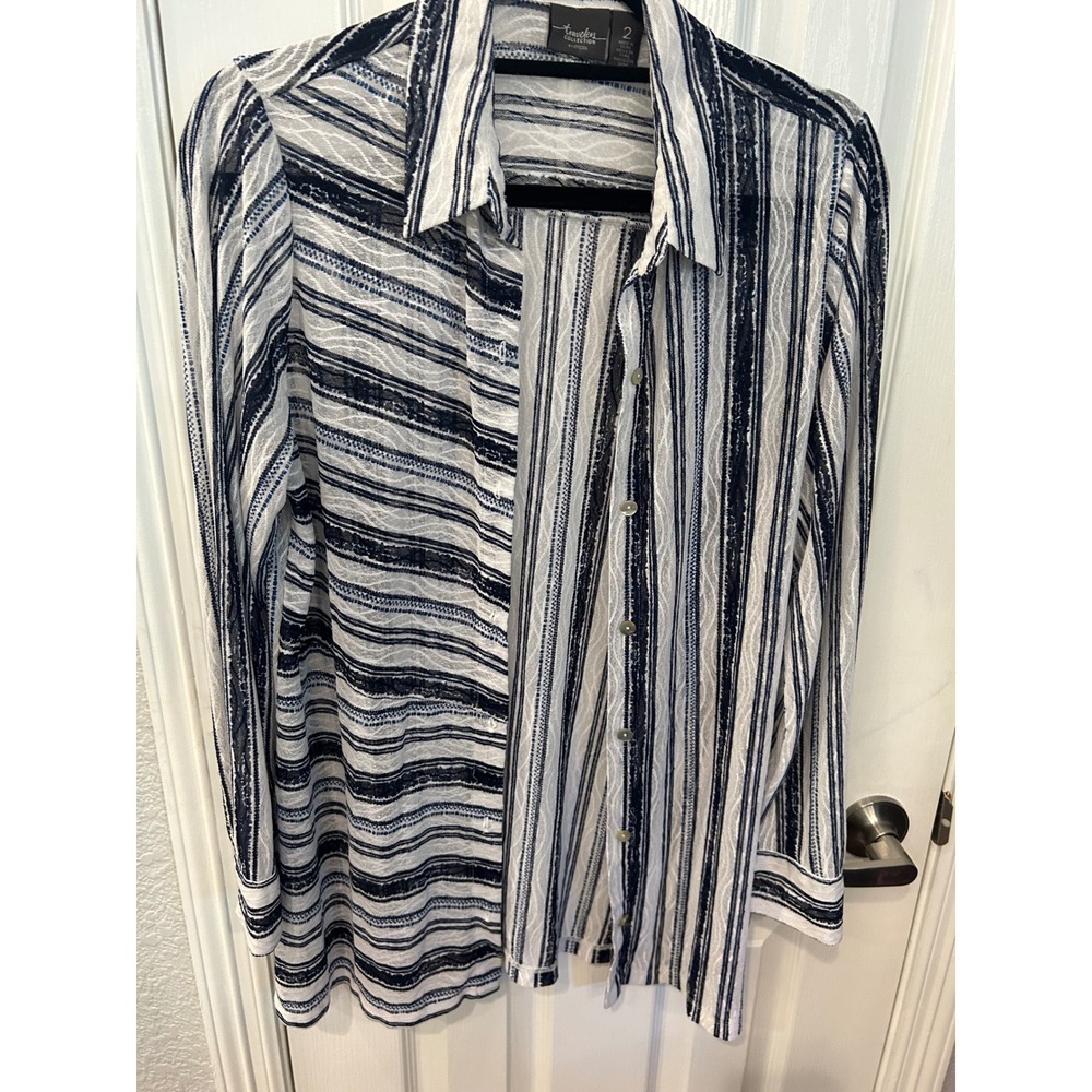 Chico's Button Down Shirt Navy White Striped Textured Travelers Collection Top